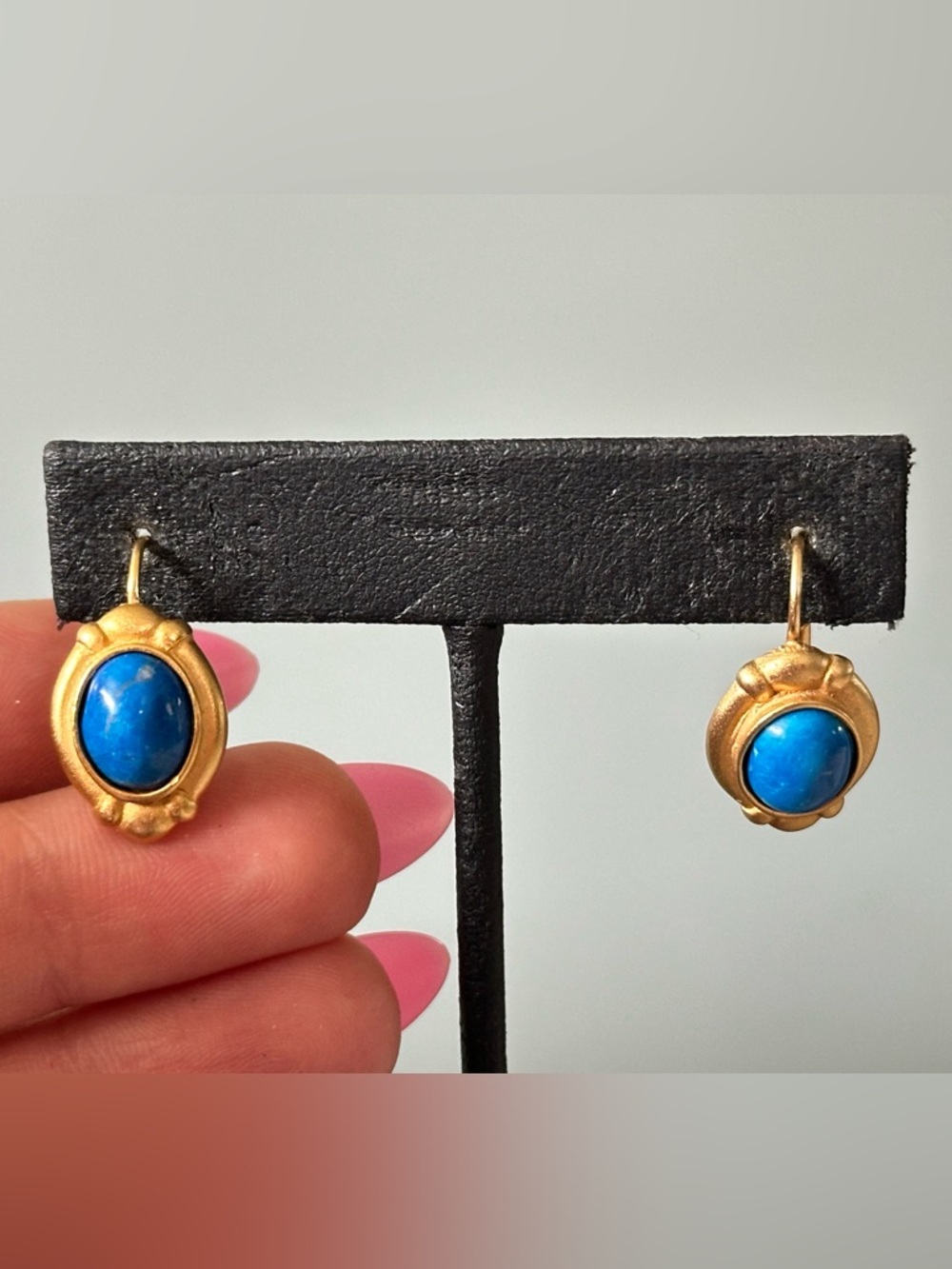 Faux Lapis Stone Victorian Style Matte Gold Dangle Earrings Medieval Renaissance
